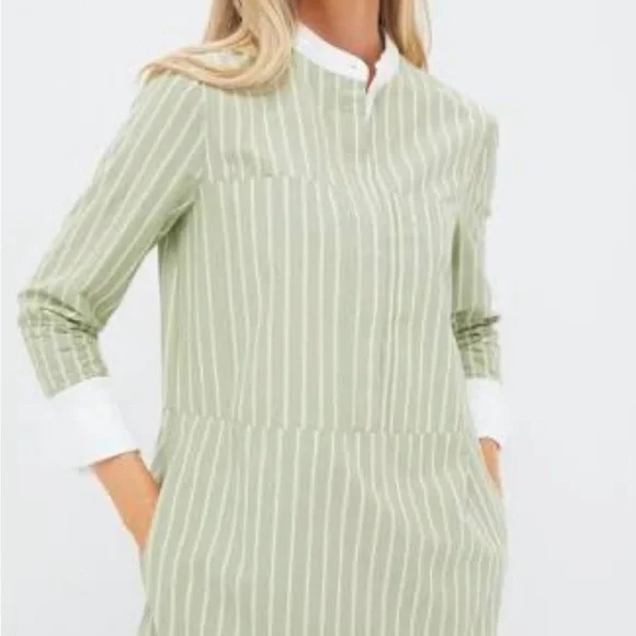Pomander Place Sage Green and White Striped Shirt Dress - Picture 1 of 4